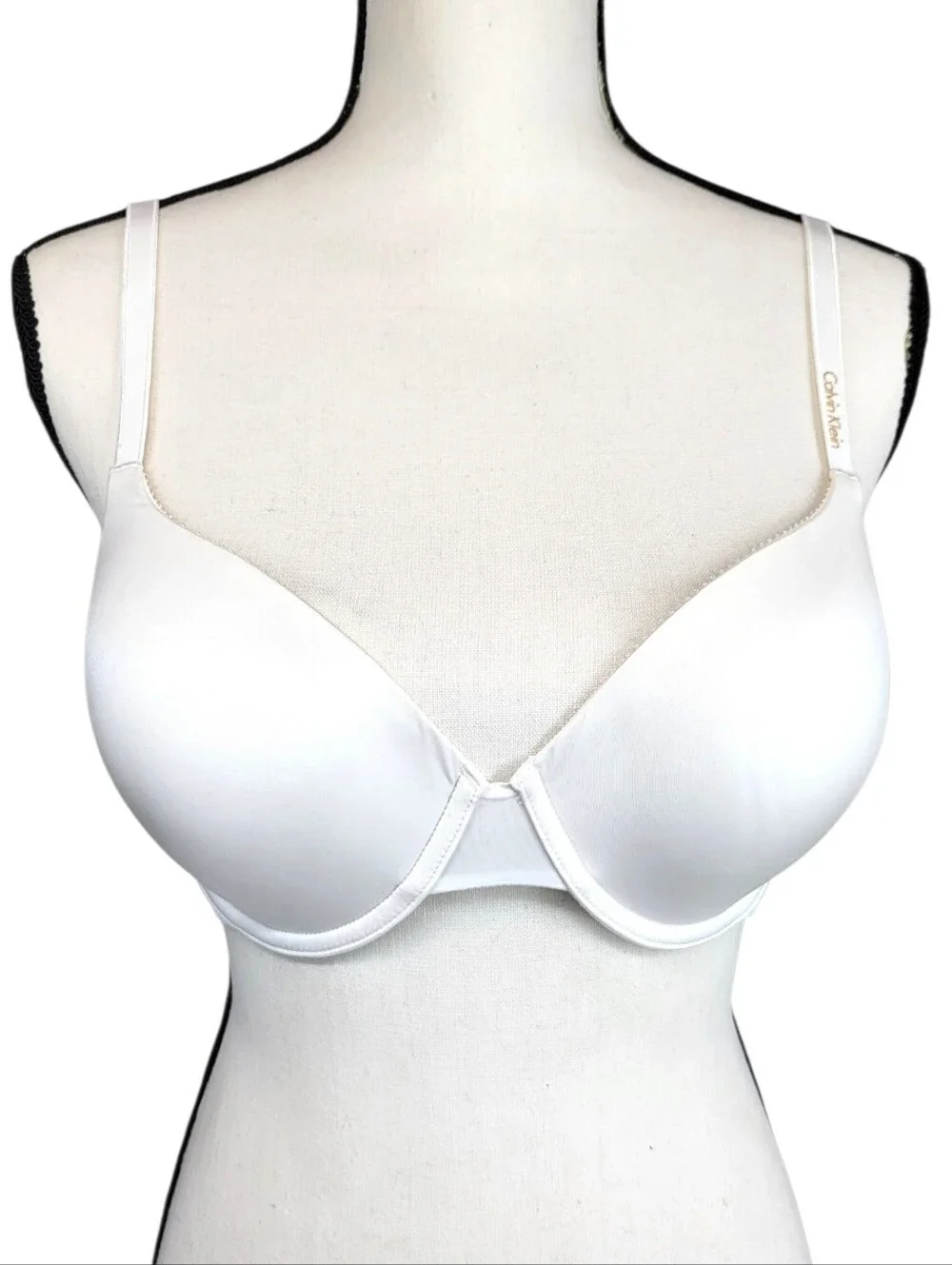 Calvin Klein White Lace Trim Contour Underwire T-Shirt Bra Gold Logo Size 36C